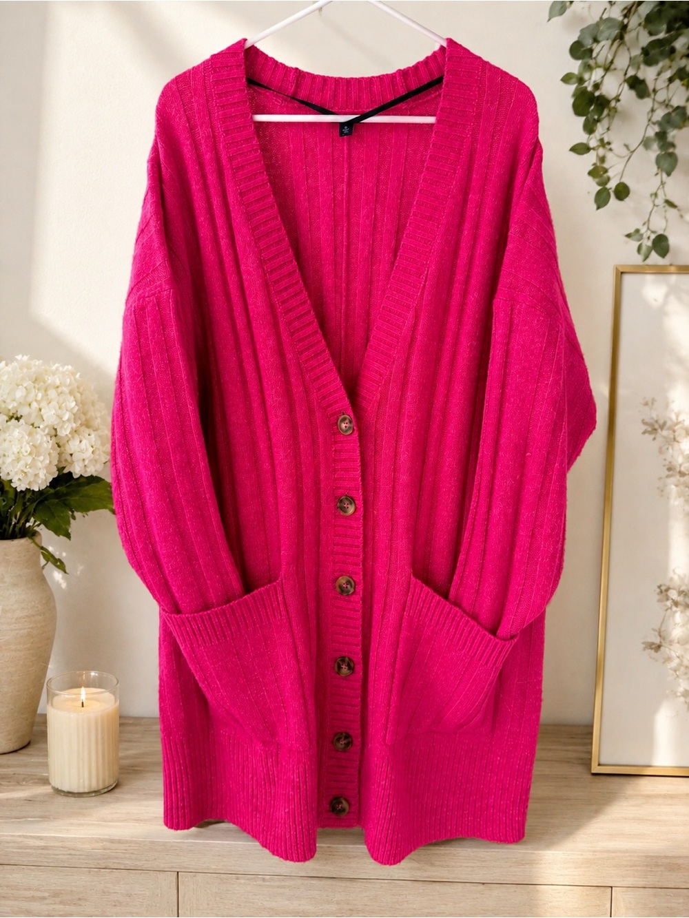 Torrid "Boyfriend" Cardigan Bright Pink Ribbed Button-Front Women’s  Size 12, LG